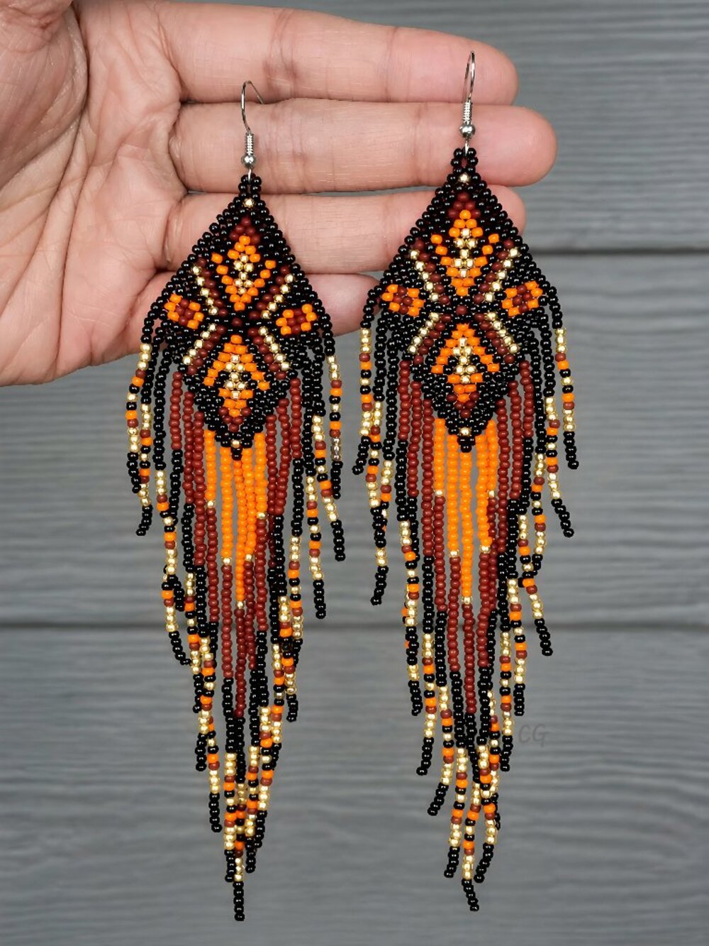 Dia Southwestern Fringe Beaded Earrings Handmade Boho Jewelry - Red Black Gold